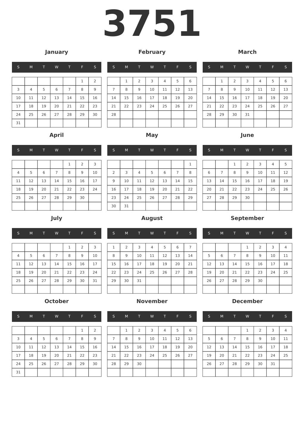 Printable 3751 Year Calendars dark