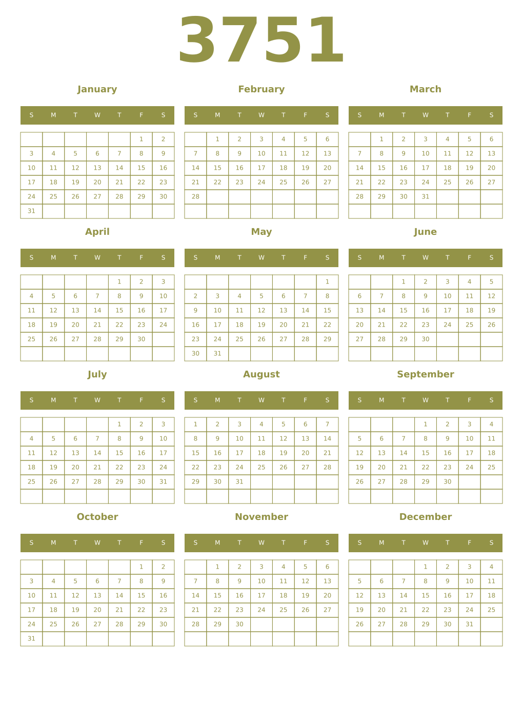 Printable 3751 Year Calendars eburnean