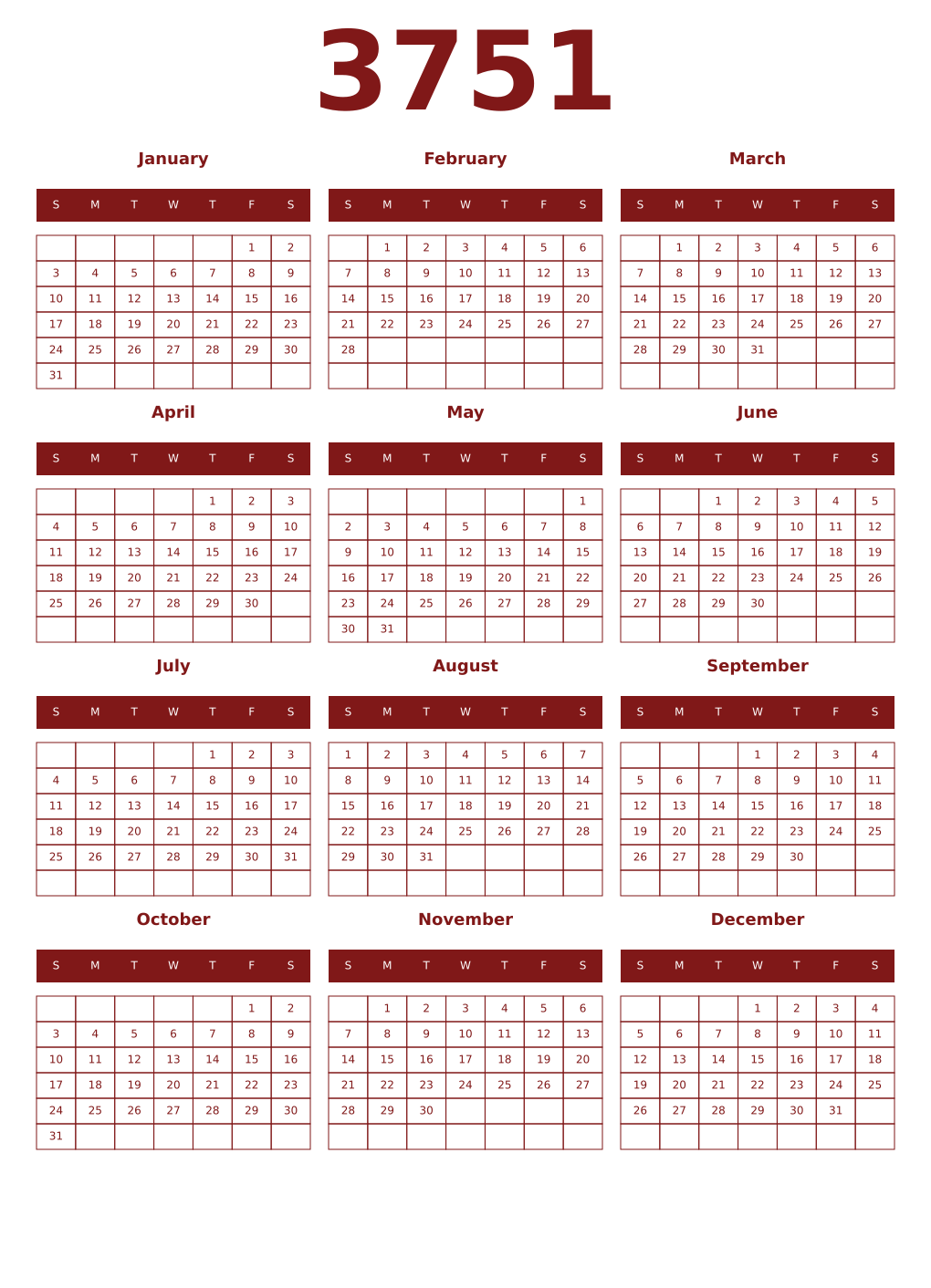Printable 3751 Year Calendars falu