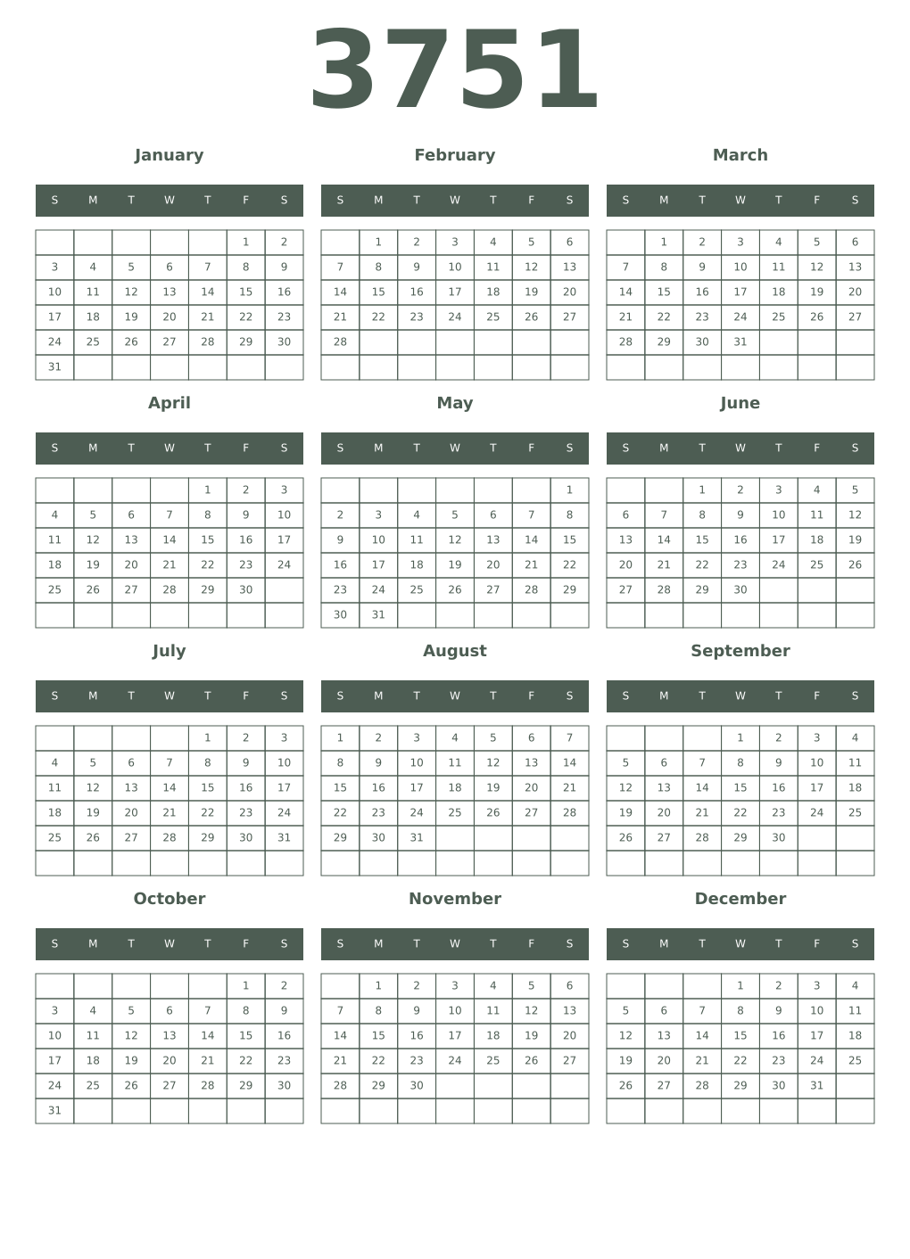 Printable 3751 Year Calendars feldgrau