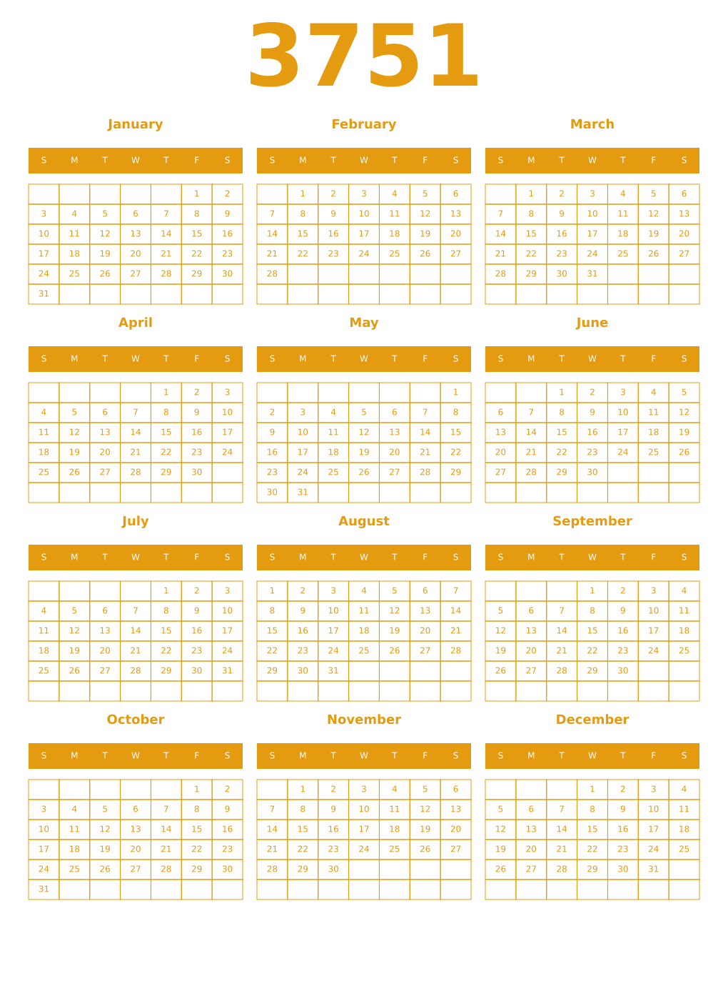 Printable 3751 Year Calendars gamboge