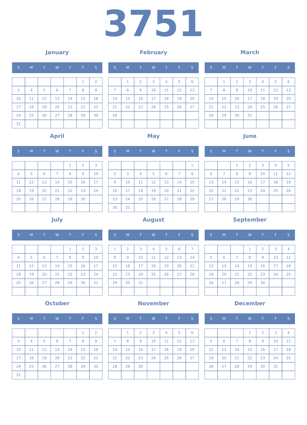 Printable 3751 Year Calendars glaucous