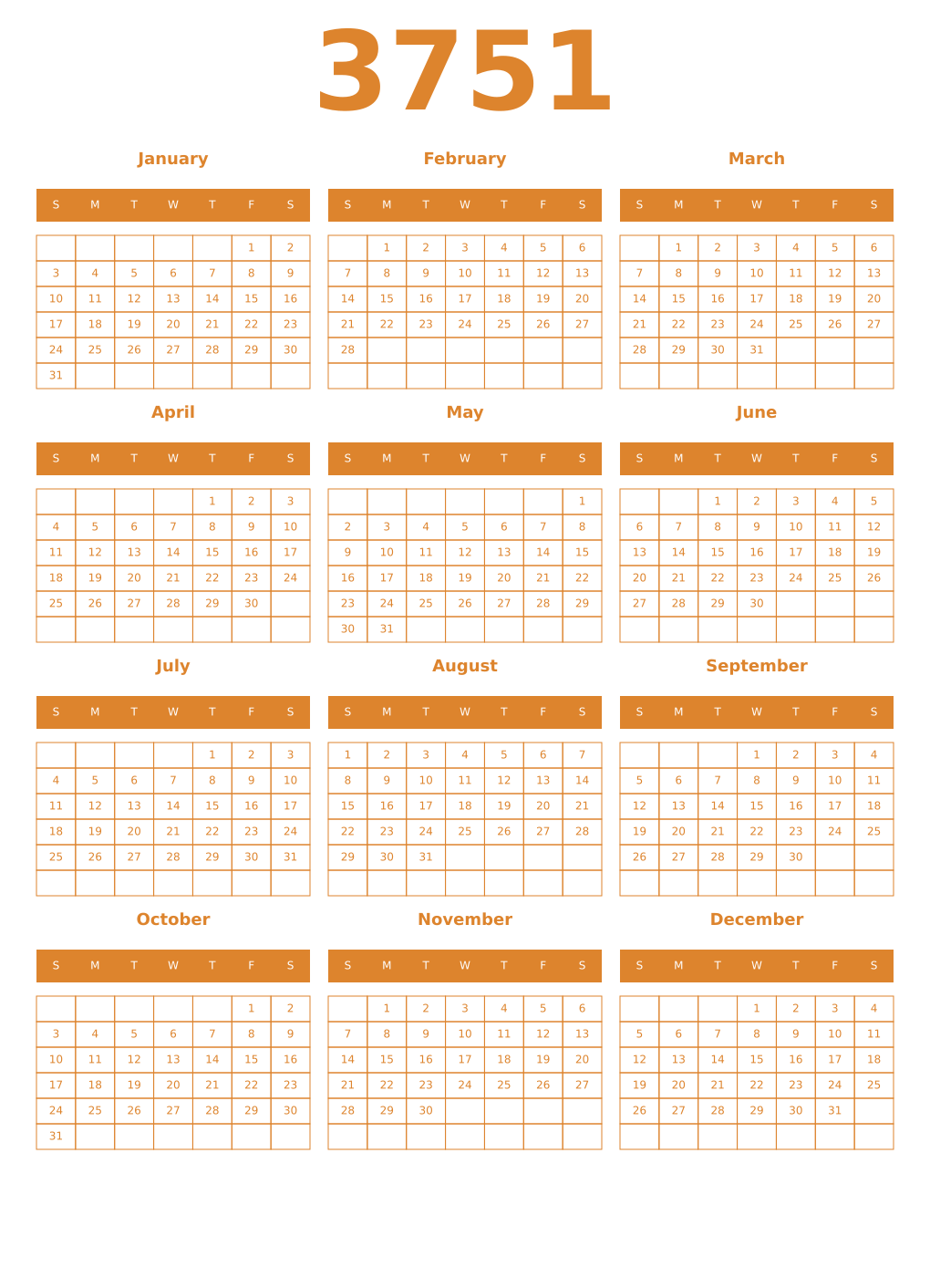Printable 3751 Year Calendars orange