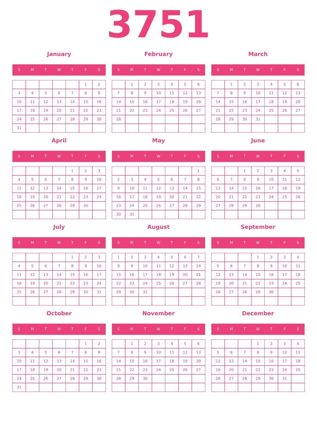 Printable 3751 Year Calendars pink