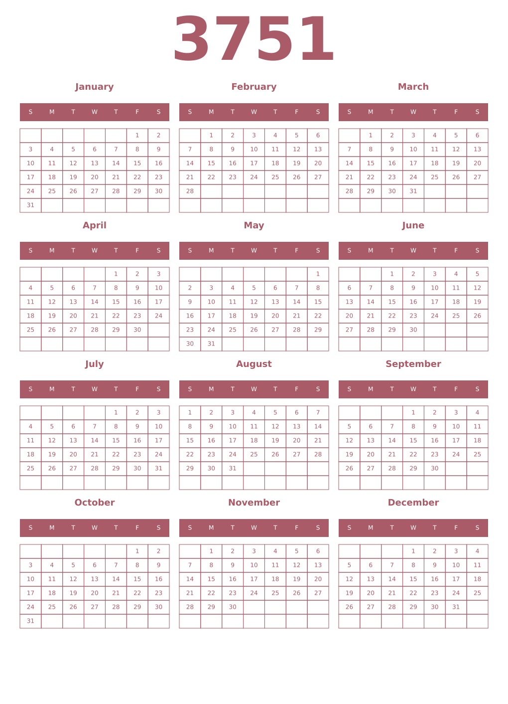 Printable 3751 Year Calendars puce
