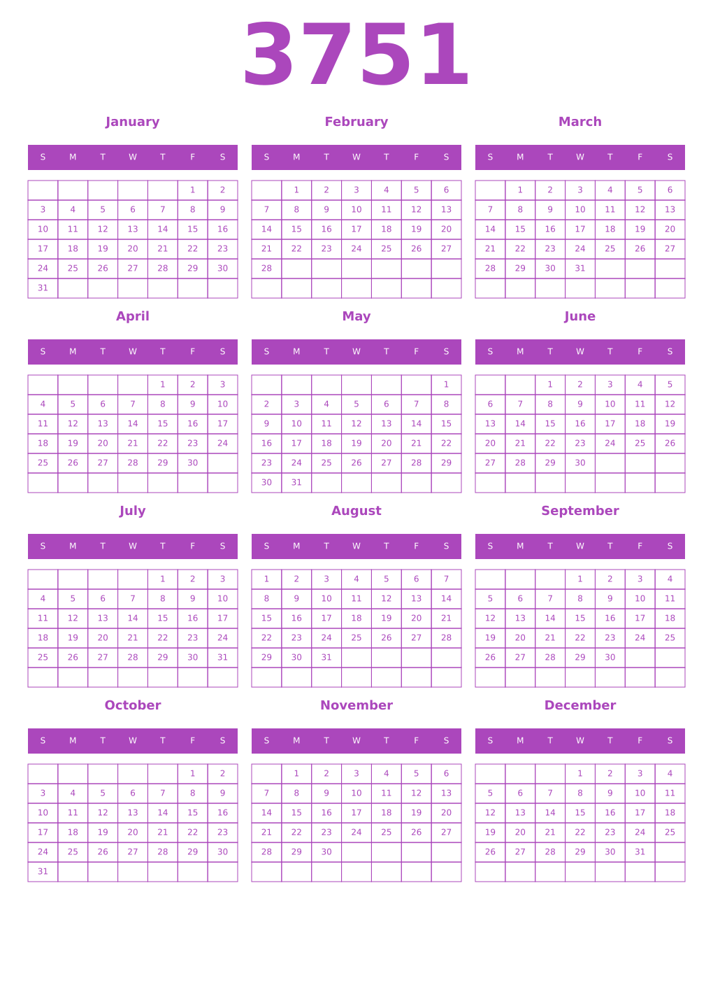 Printable 3751 Year Calendars purple