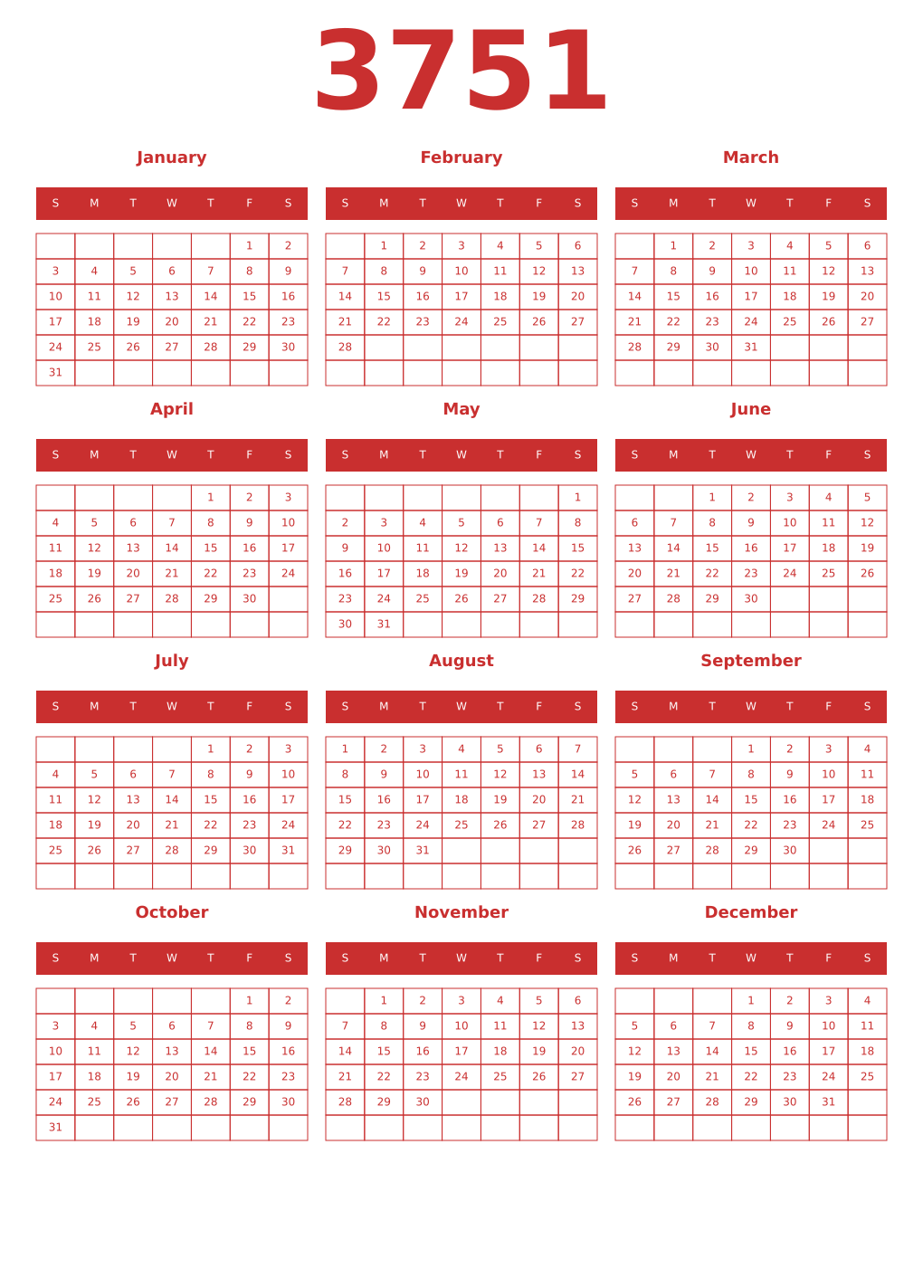 Printable 3751 Year Calendars red