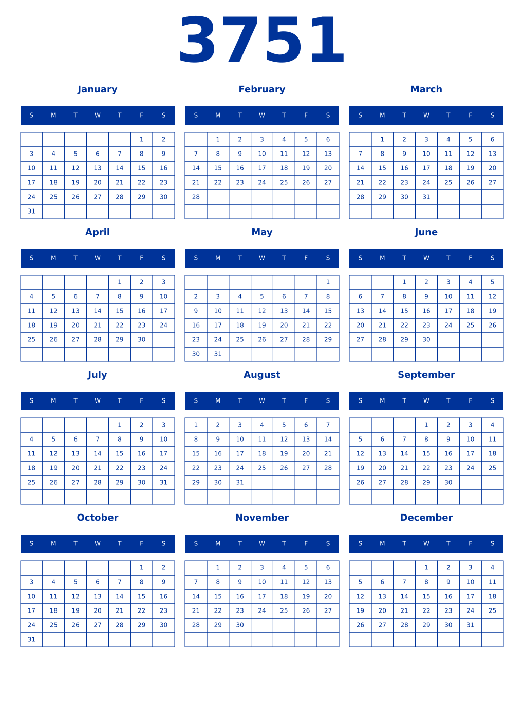 Printable 3751 Year Calendars smalt