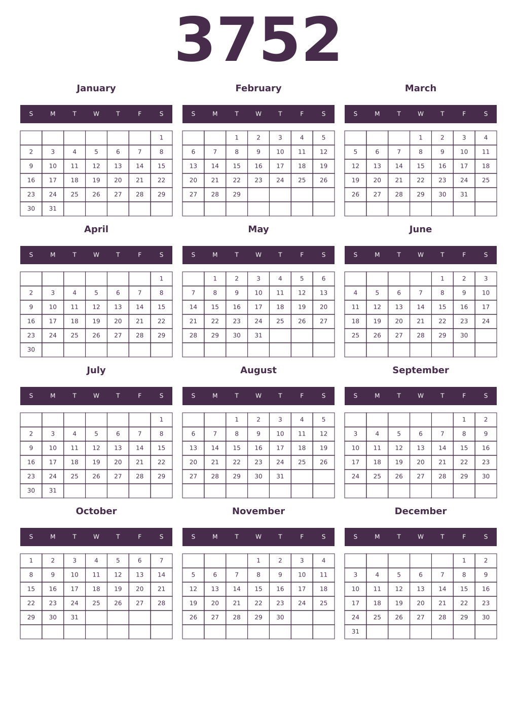 Printable 3752 Year Calendars aubergine