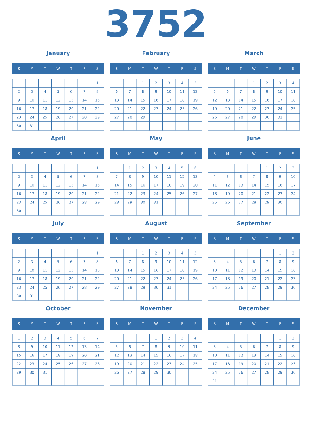 Printable 3752 Year Calendars blue