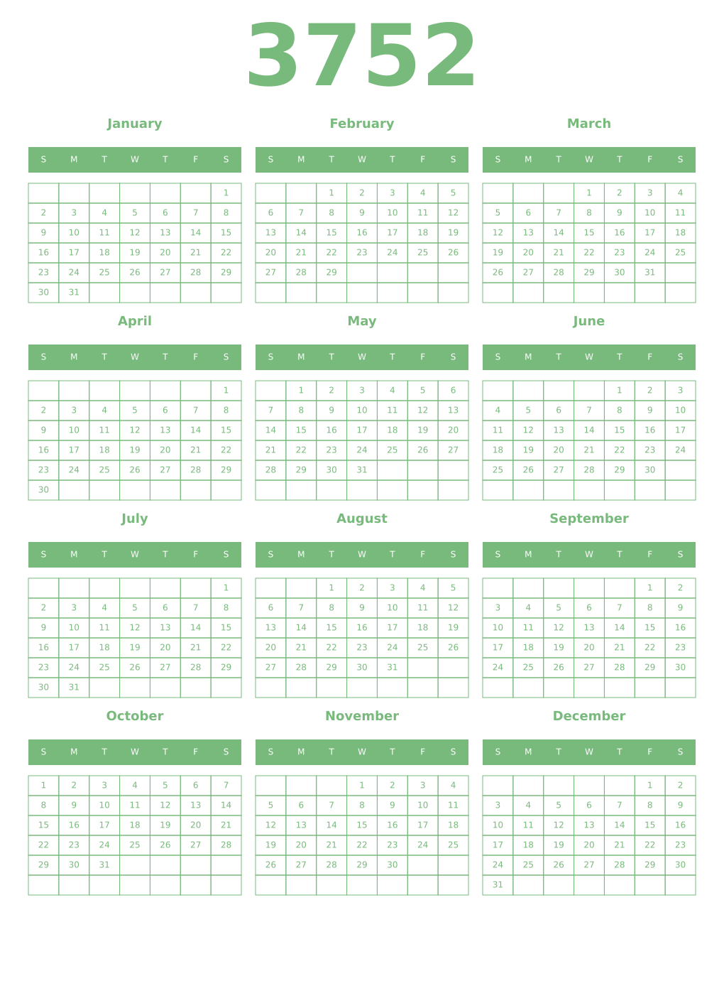 Printable 3752 Year Calendars celadon