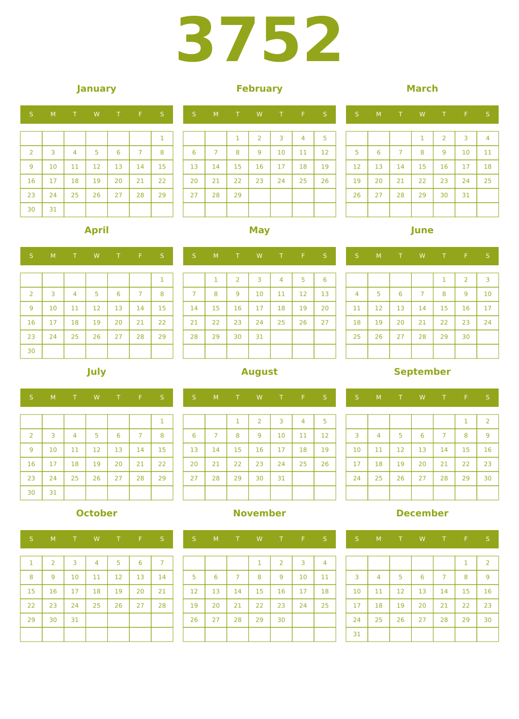 Printable 3752 Year Calendars chartreuse