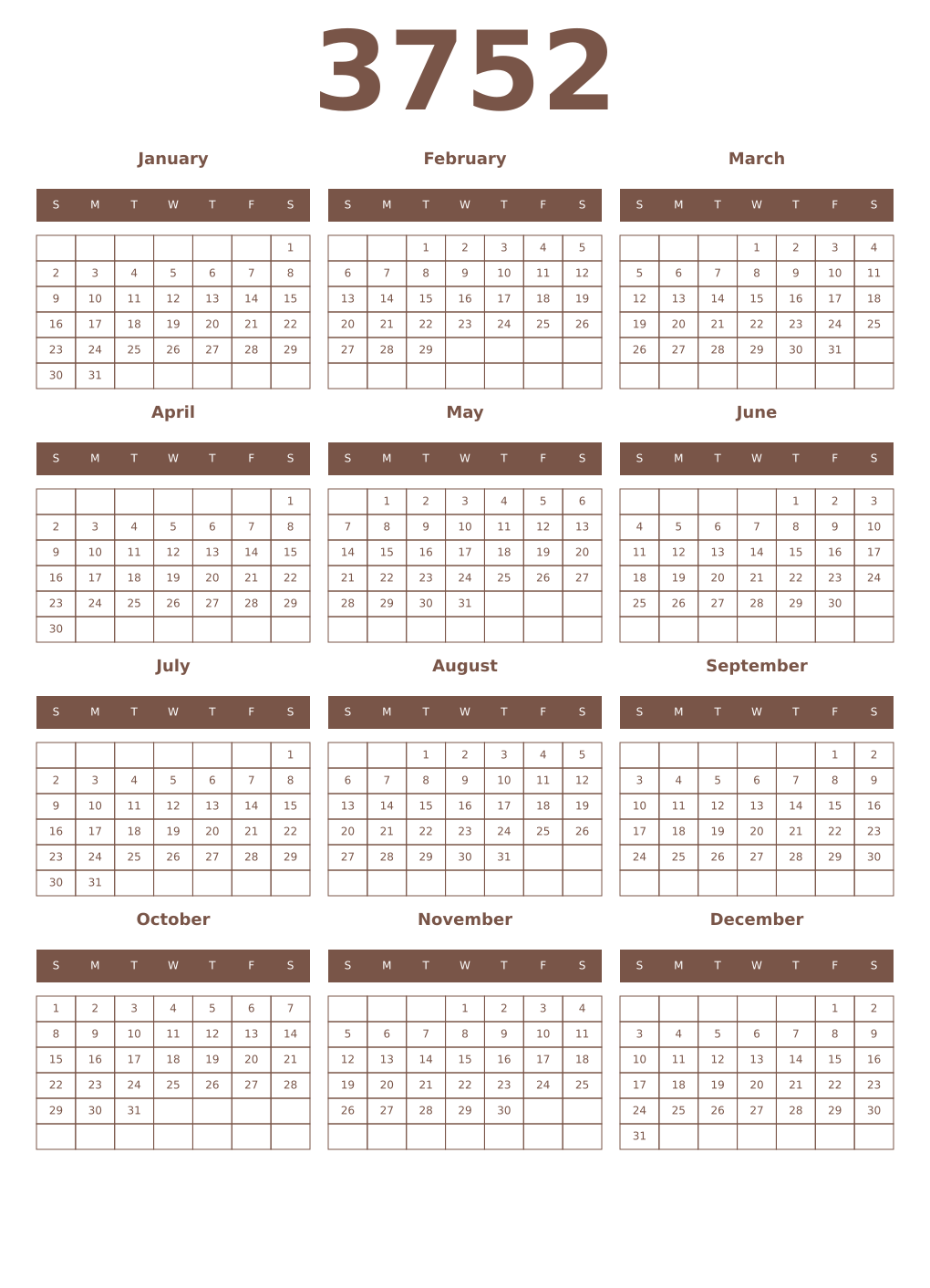 Printable 3752 Year Calendars coffe