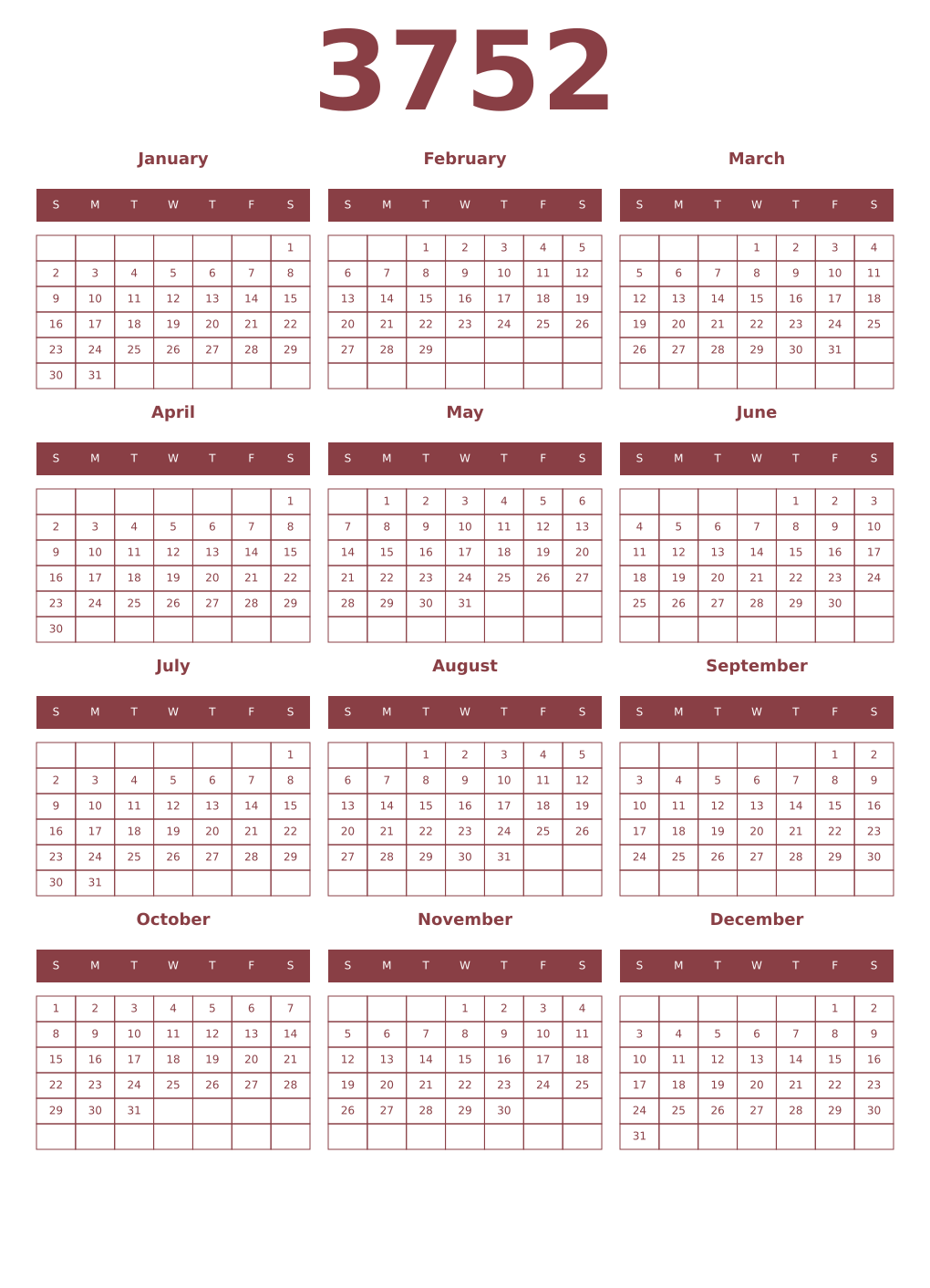 Printable 3752 Year Calendars cordovan