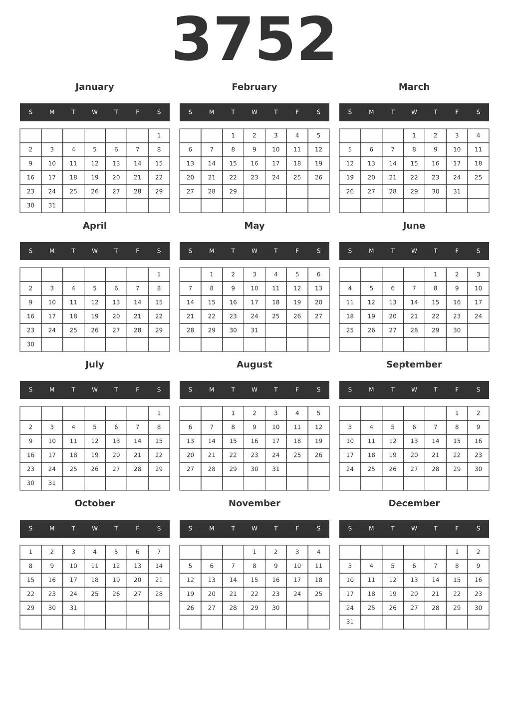 Printable 3752 Year Calendars dark