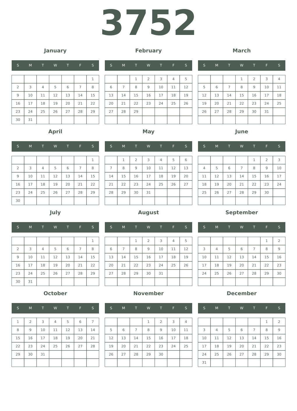 Printable 3752 Year Calendars feldgrau