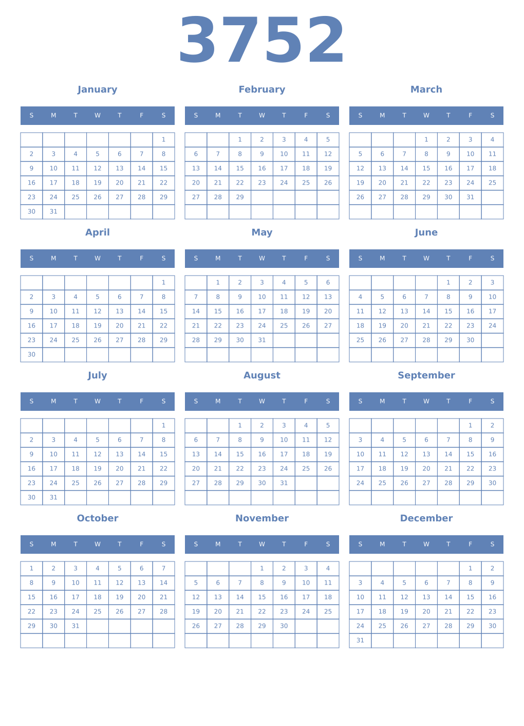 Printable 3752 Year Calendars glaucous