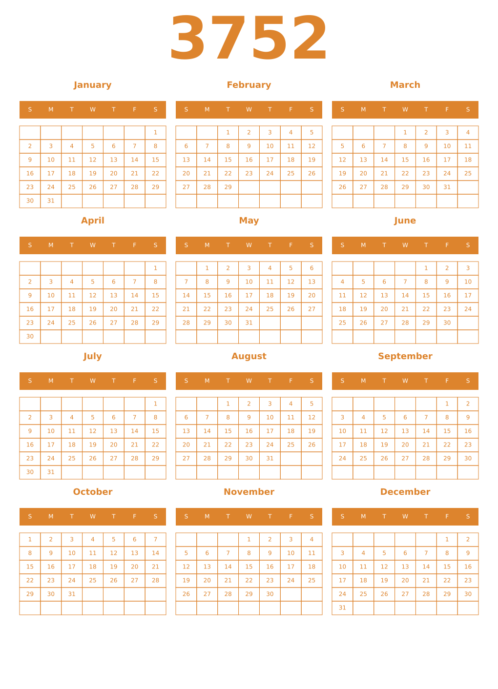 Printable 3752 Year Calendars orange