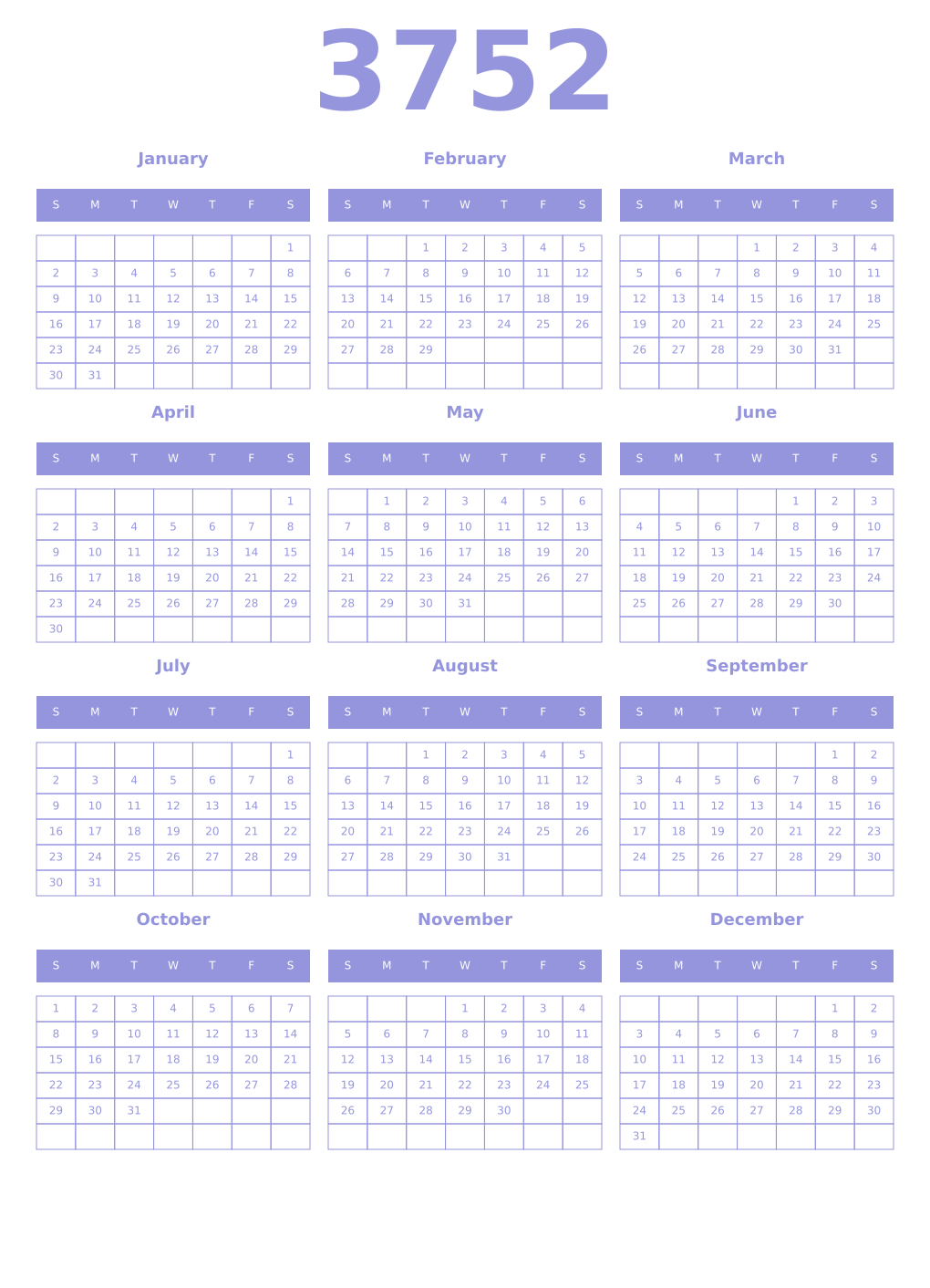 Printable 3752 Year Calendars periwinkle