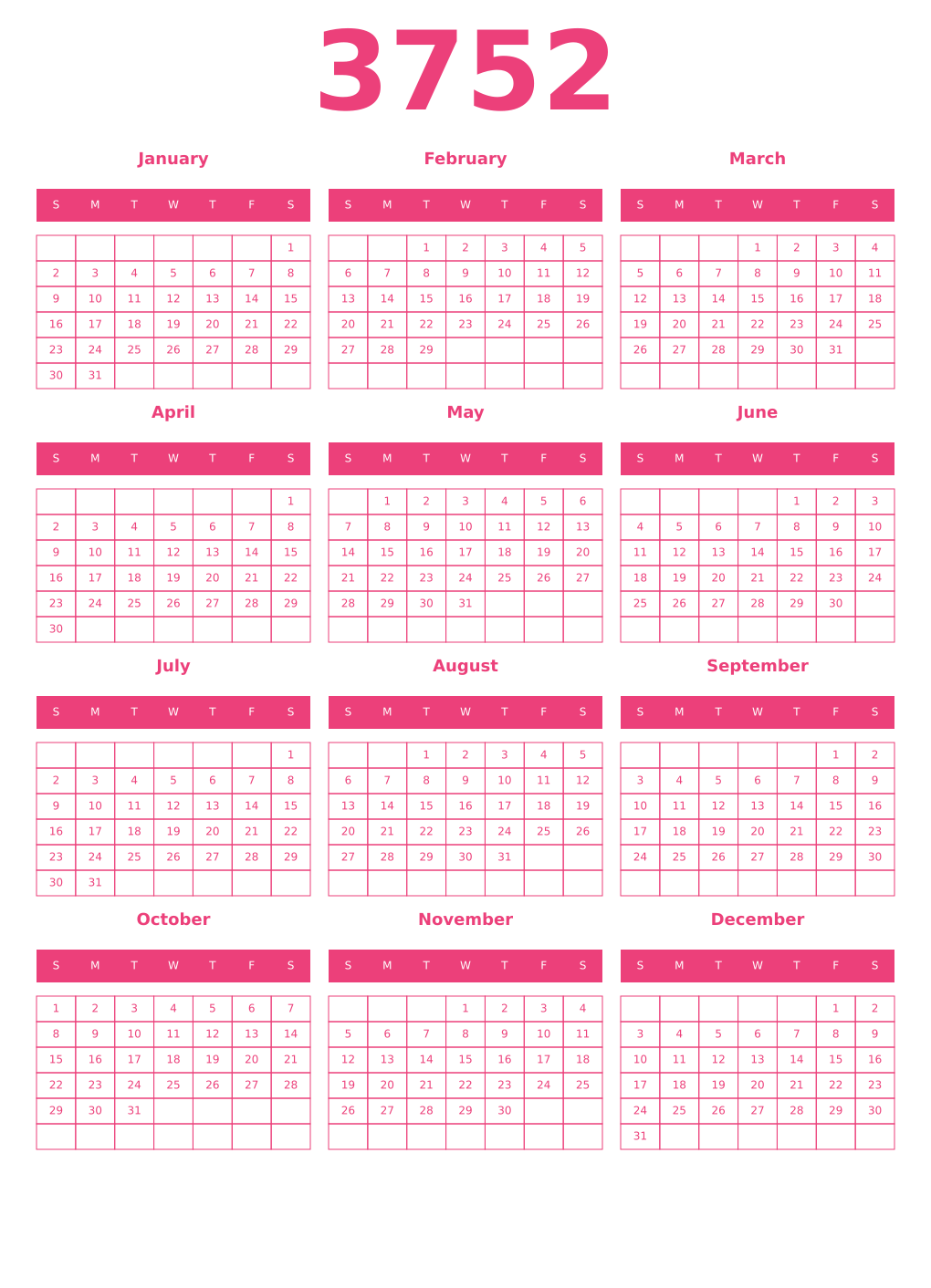 Printable 3752 Year Calendars pink