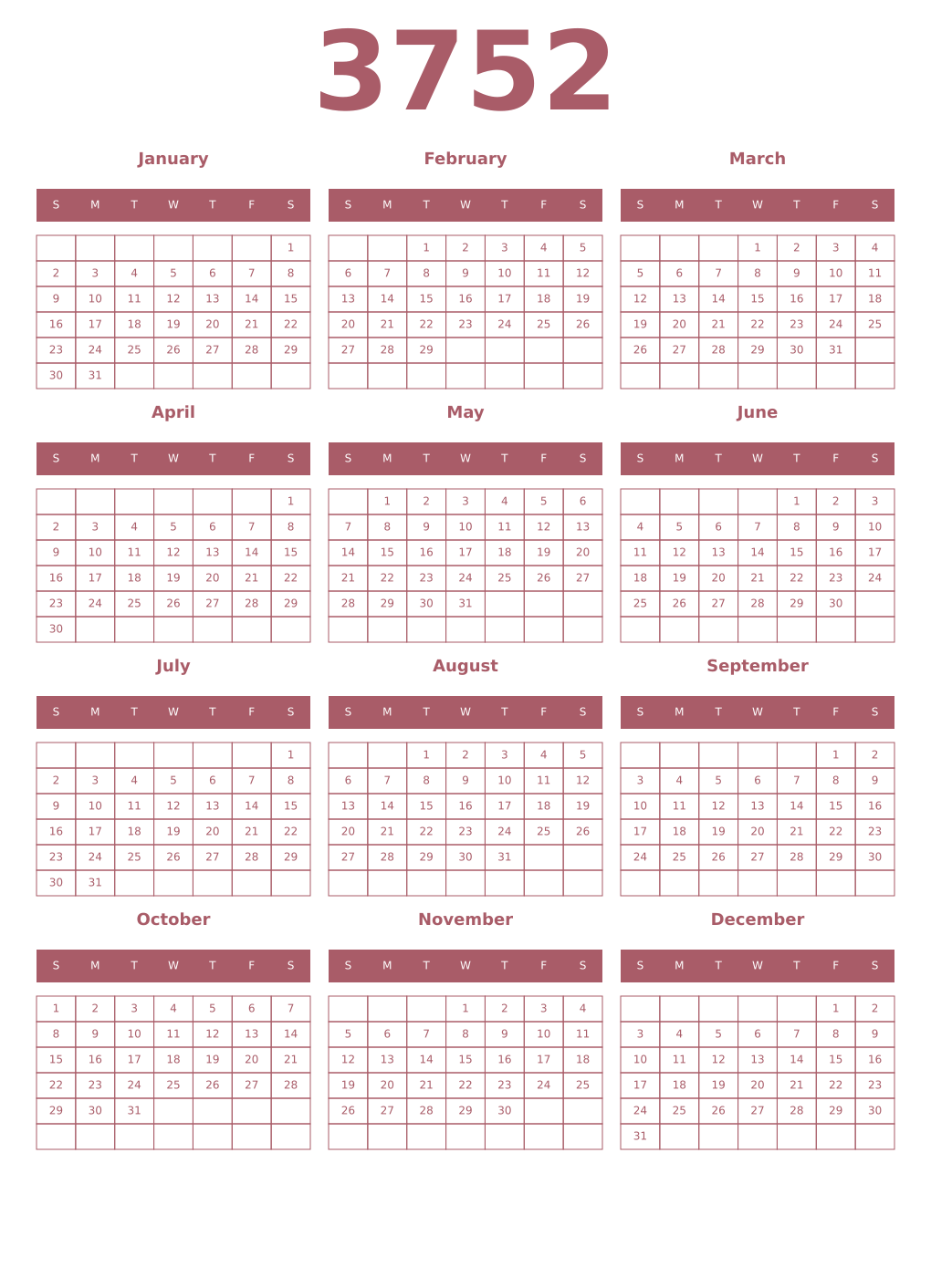 Printable 3752 Year Calendars puce