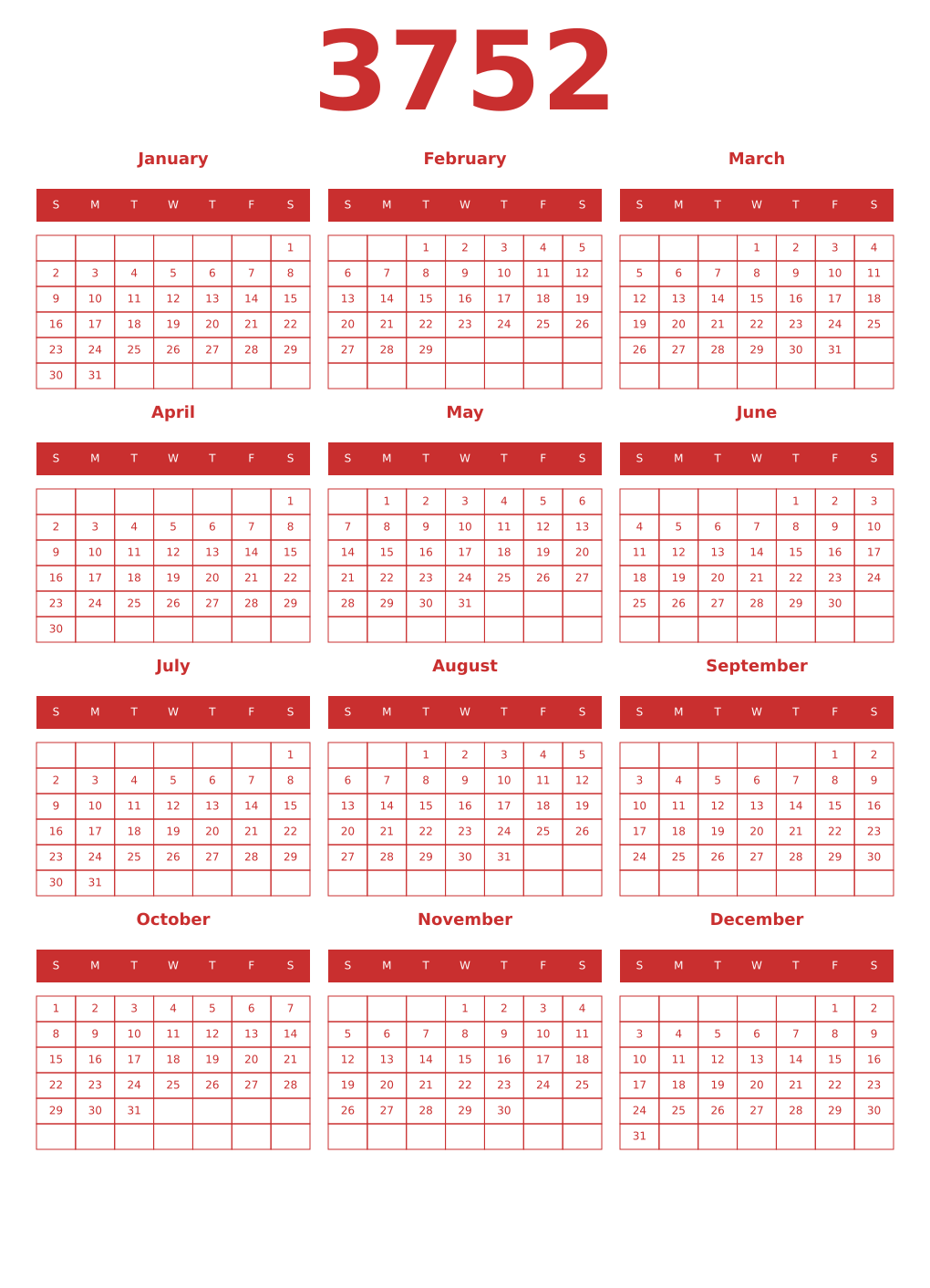 Printable 3752 Year Calendars red
