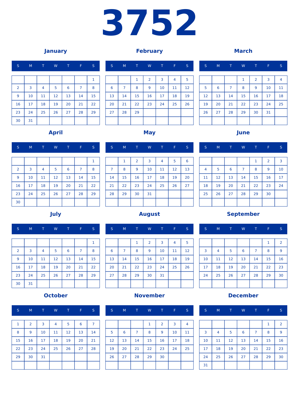 Printable 3752 Year Calendars smalt