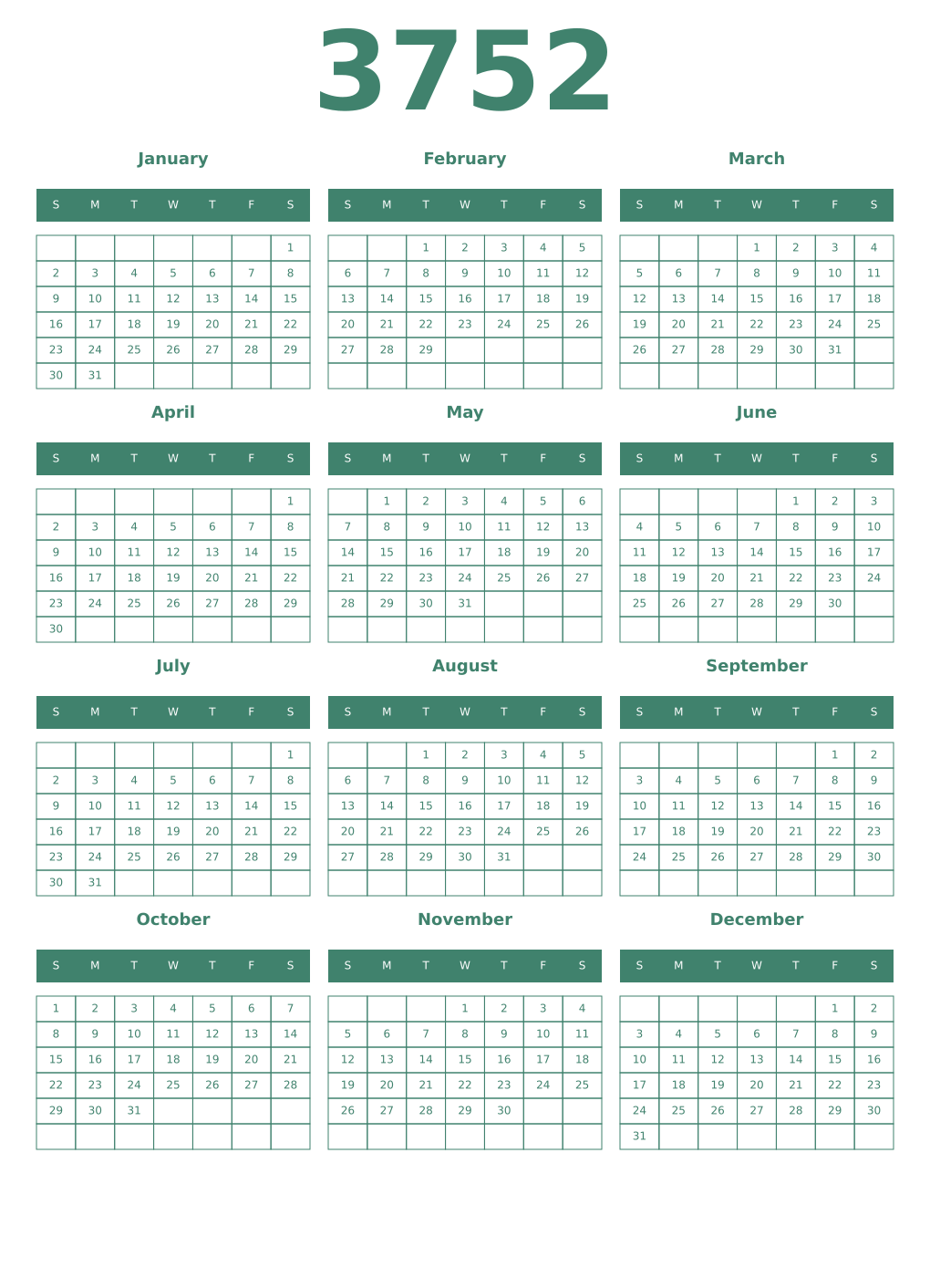 Printable 3752 Year Calendars viridian