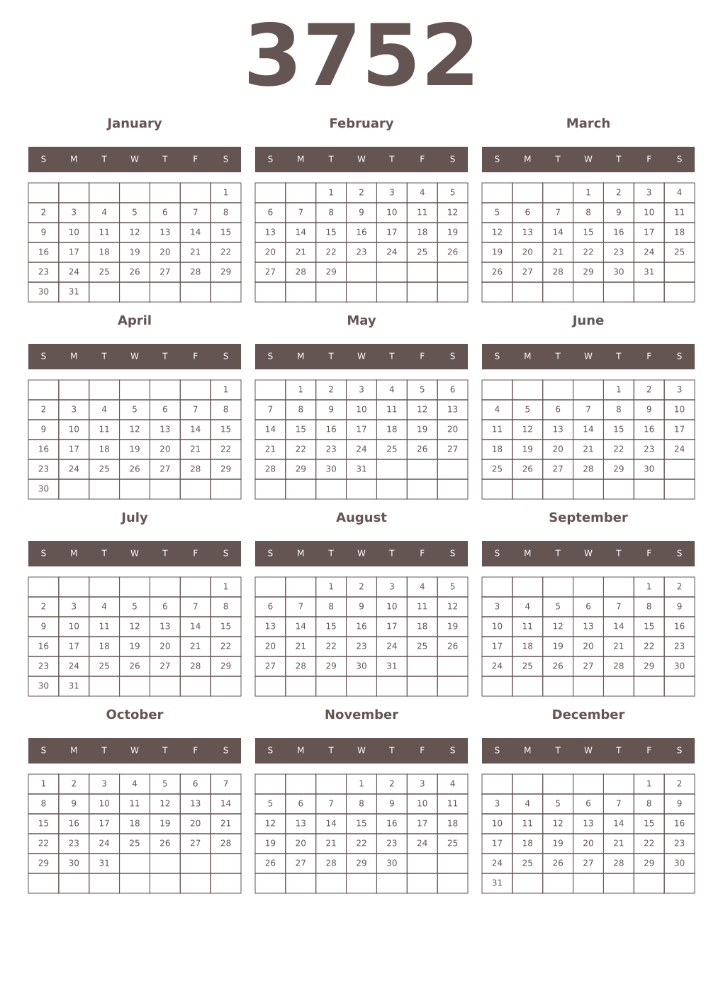 Printable 3752 Year Calendars wenge