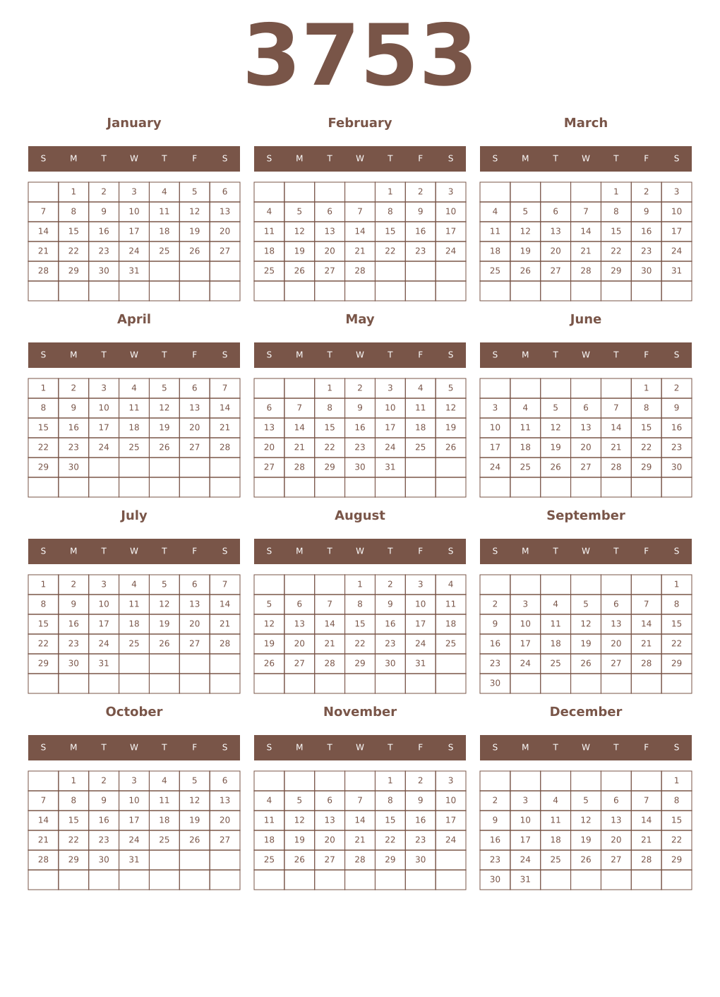 Printable 3753 Year Calendars coffe