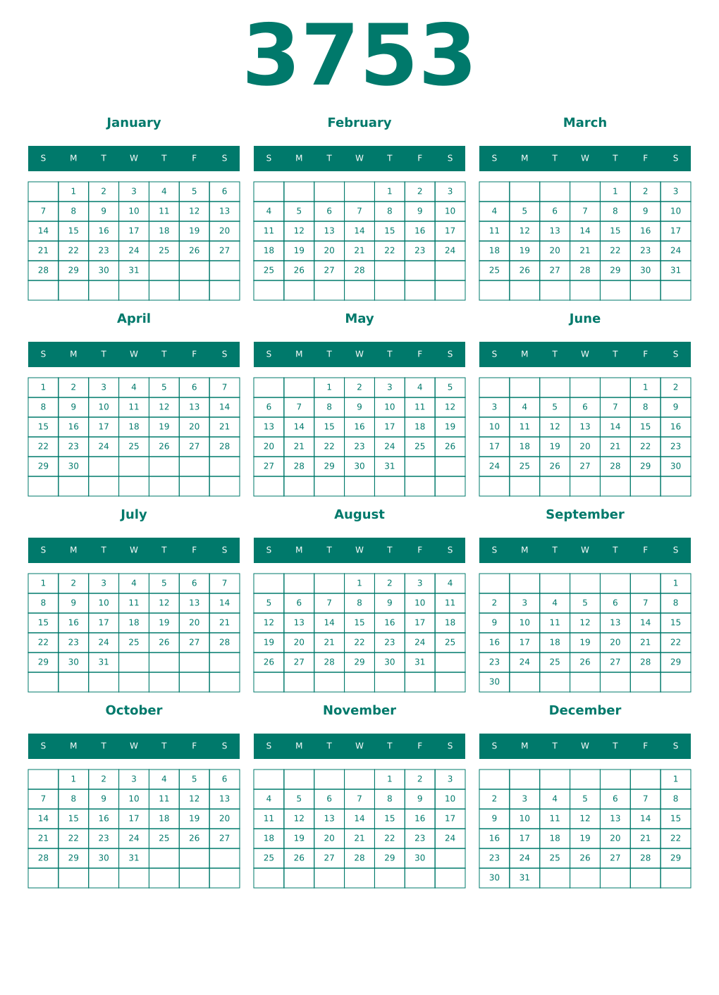 Printable 3753 Year Calendars pastel