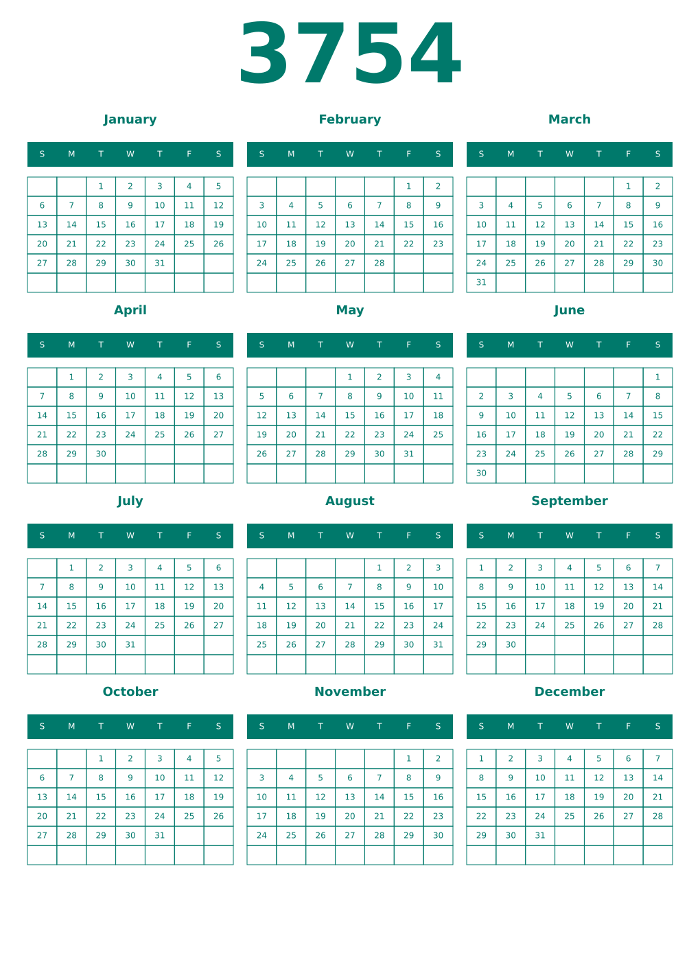Printable 3754 Year Calendars pastel