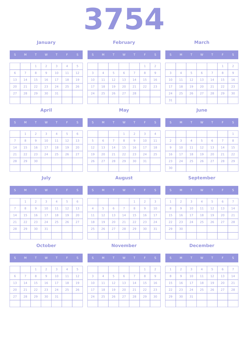 Printable 3754 Year Calendars periwinkle