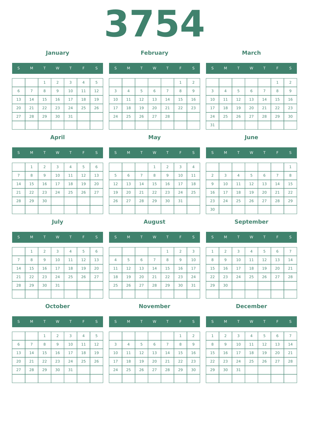 Printable 3754 Year Calendars viridian