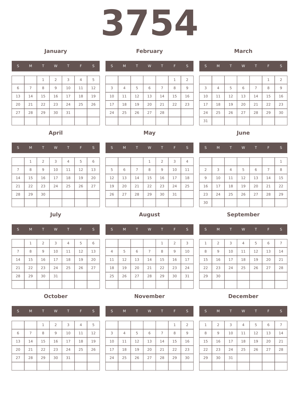 Printable 3754 Year Calendars wenge