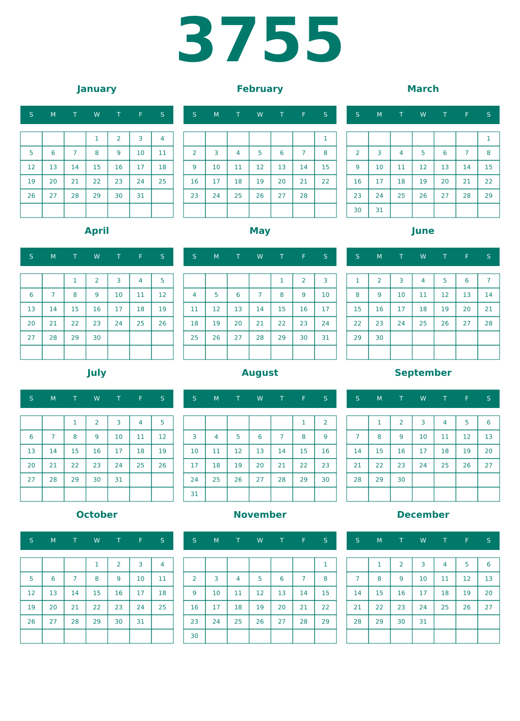 Printable 3755 Year Calendars pastel