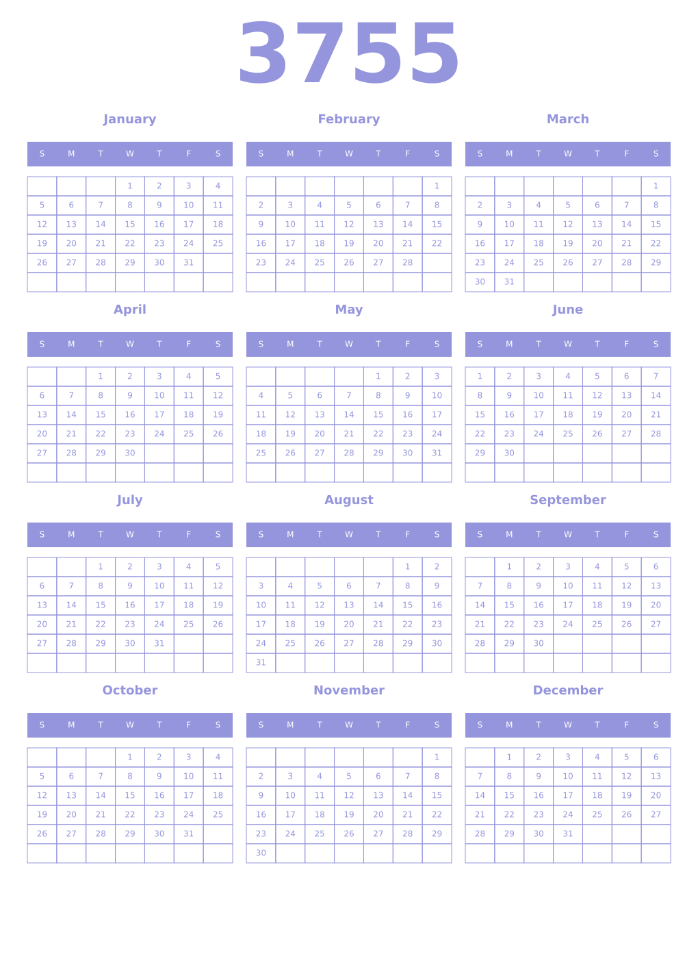 Printable 3755 Year Calendars periwinkle