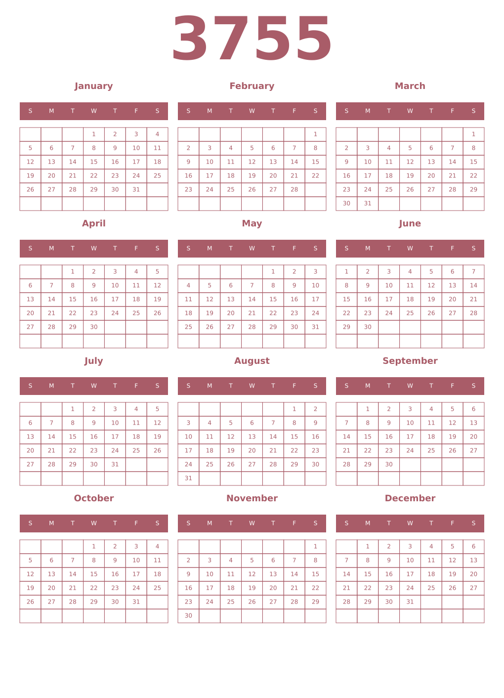 Printable 3755 Year Calendars puce