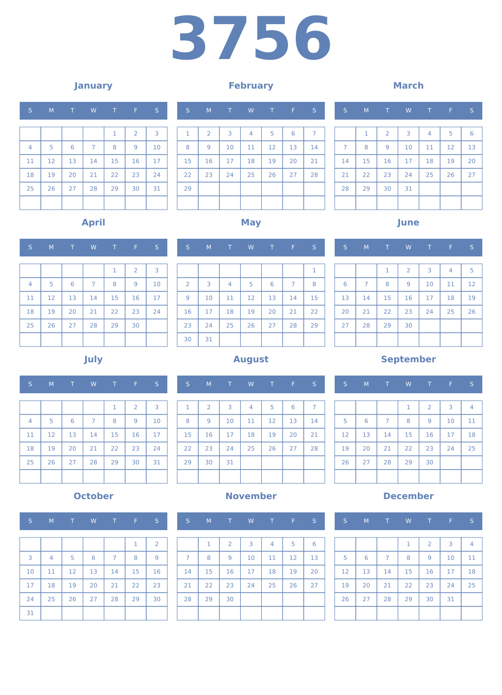 Printable 3756 Year Calendars glaucous