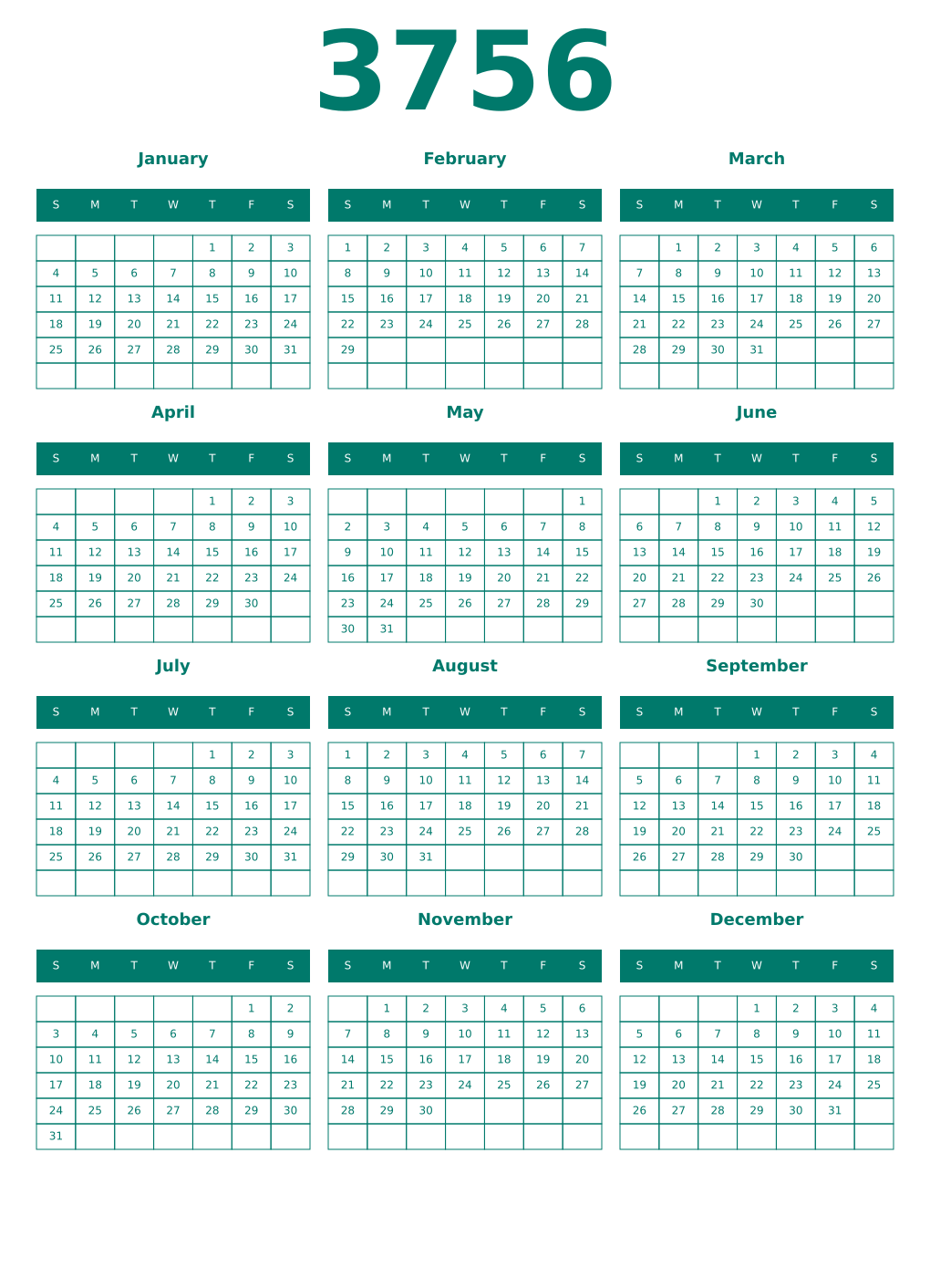 Printable 3756 Year Calendars pastel