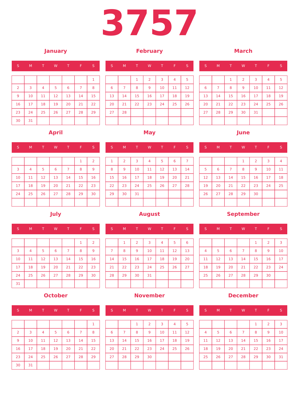 Printable 3757 Year Calendars amaranth