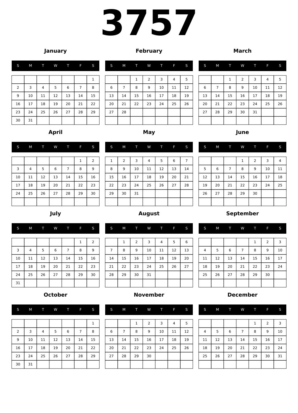 Printable 3757 Year Calendars black