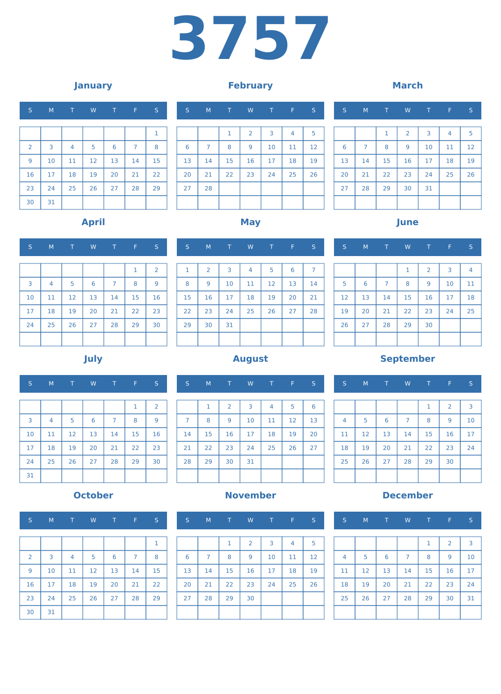 Printable 3757 Year Calendars blue