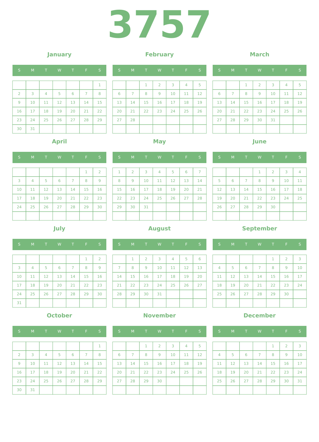 Printable 3757 Year Calendars celadon
