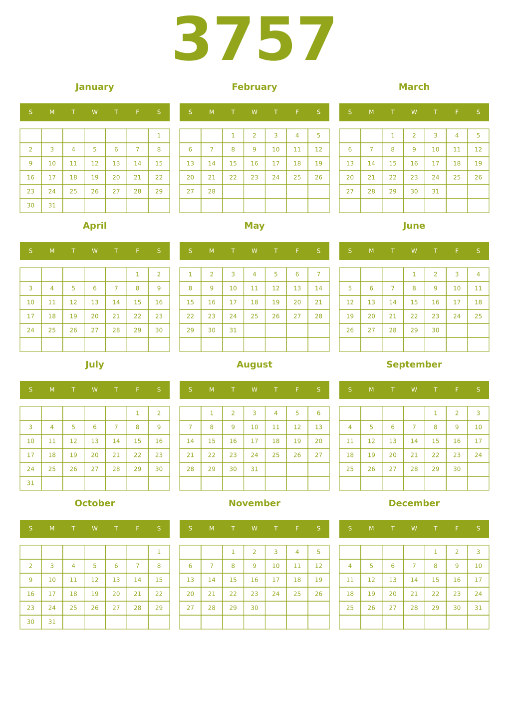 Printable 3757 Year Calendars chartreuse