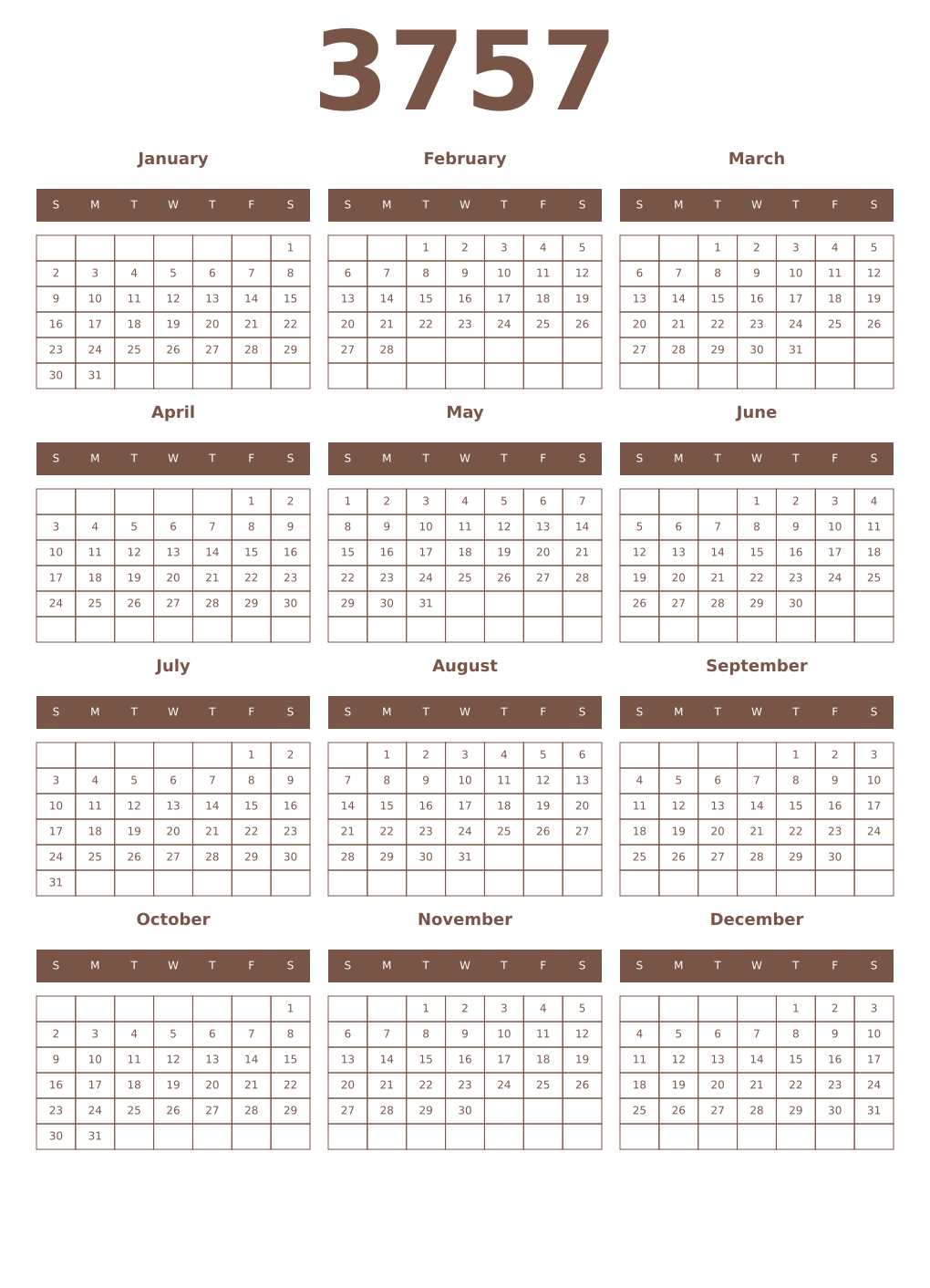 Printable 3757 Year Calendars coffe