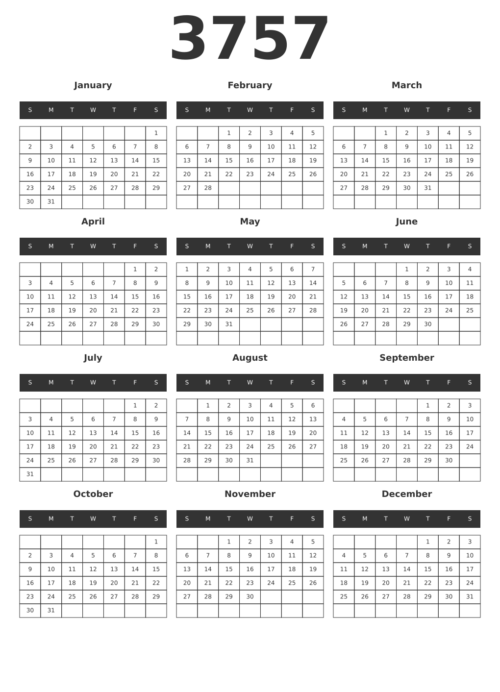 Printable 3757 Year Calendars dark