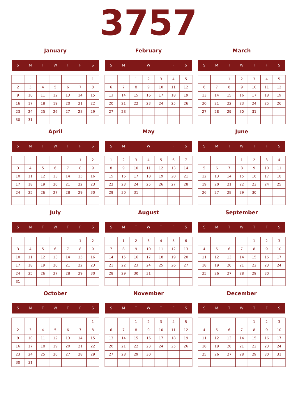 Printable 3757 Year Calendars falu