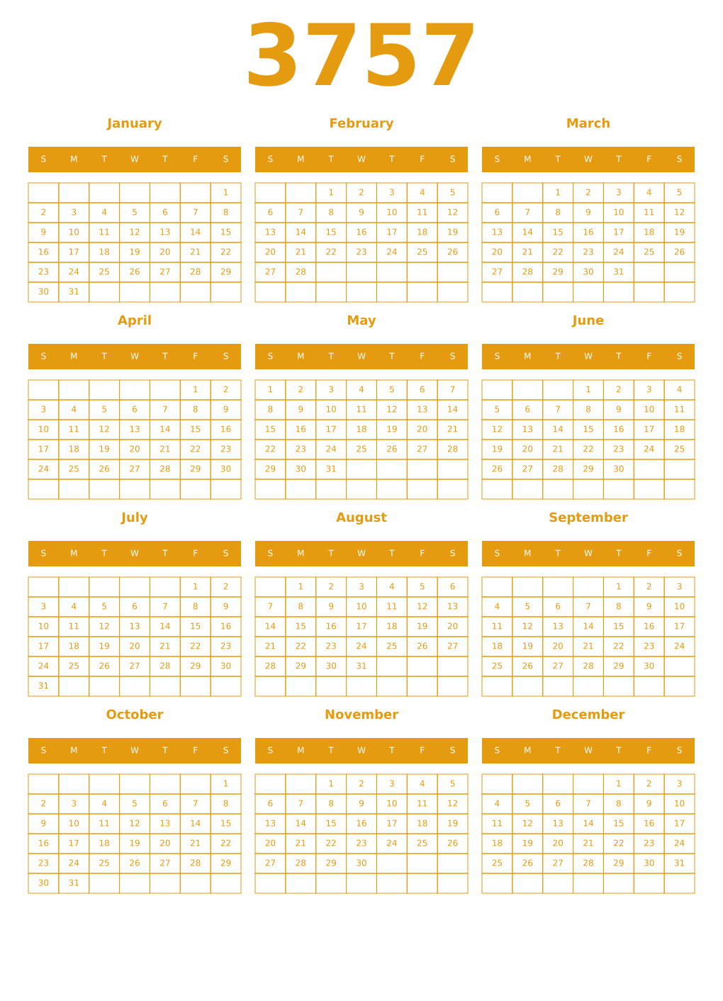 Printable 3757 Year Calendars gamboge