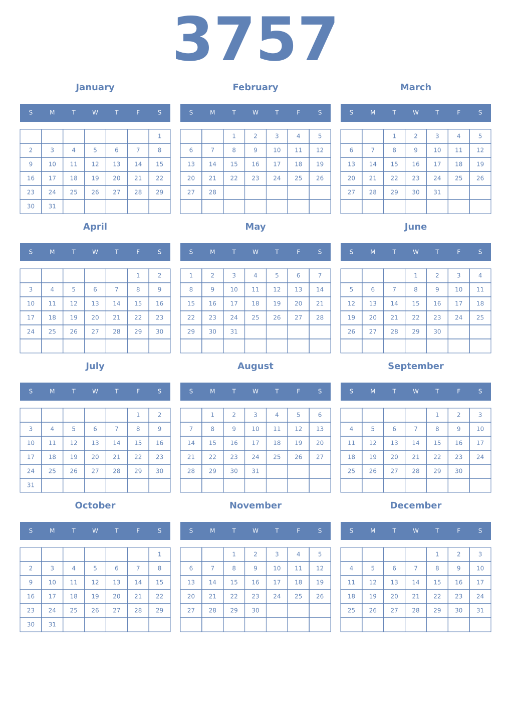Printable 3757 Year Calendars glaucous